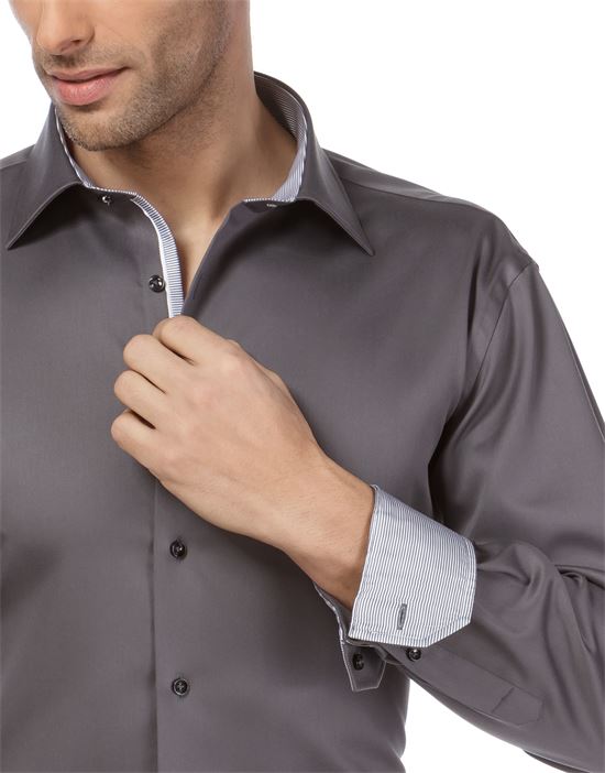 Shirt, slim-fit, uni, with contrasting trim - non-iron