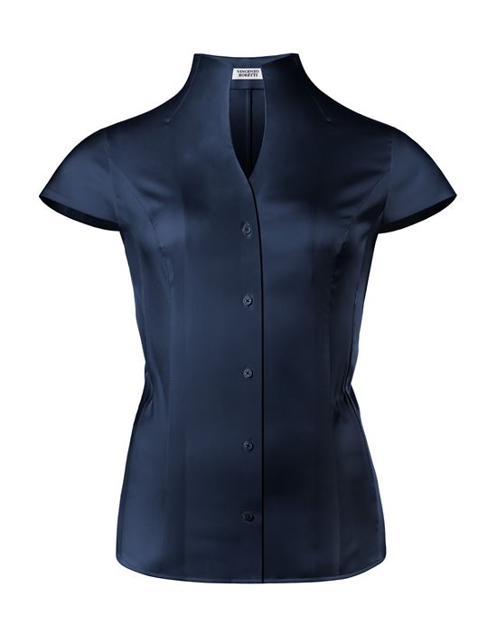 Blouse, slim-fit / fitted, stretch , cup-shaped collar, short sleeves - easy-iron