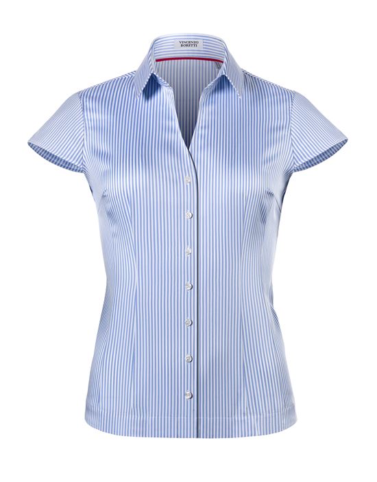 Blouse, modern-fit / slightly fitted, shirt collar , short sleeves, striped - easy-iron