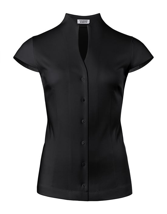 Blouse, modern-fit / slightly fitted, cup-shaped collar, jersey, short sleeves - easy-iron