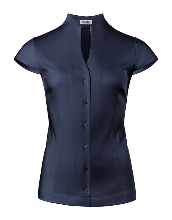 Blouse, modern-fit / slightly fitted, cup-shaped collar, jersey, short sleeves - easy-iron