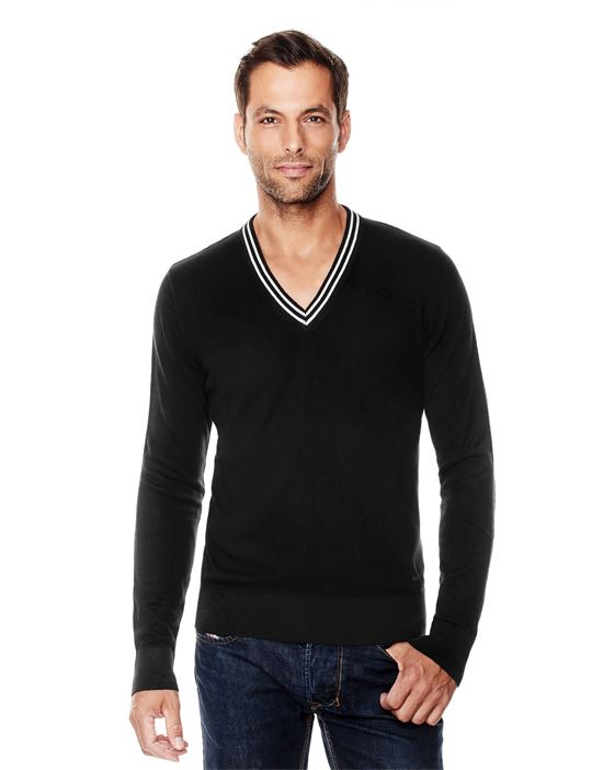 Vincenzo Boretti Jumper with low V neck and contrast collar slim fit