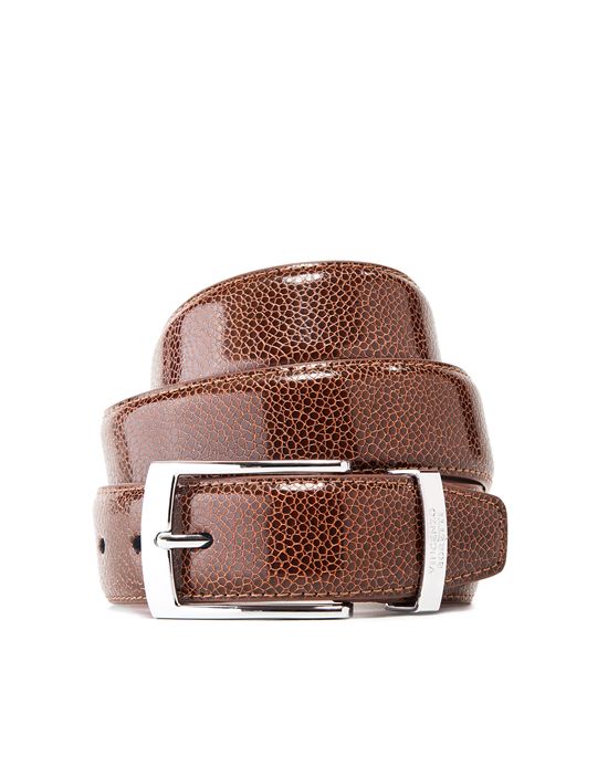 Men's leather belt with silver pin buckle , snake skin pattern, metal logo