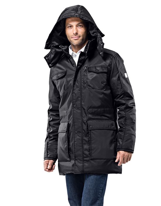 Winter coat with stand-up collar, detachable hood and drawstring at waist