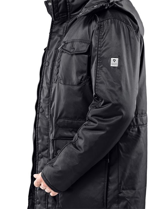 Winter coat with stand-up collar, detachable hood and drawstring at waist