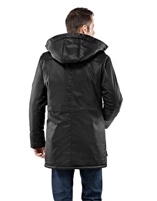 Winter coat, tone in tone quilted, with stand- up collar, detachable hood and drawstring at waist