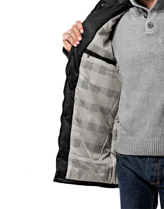 Winter coat, tone in tone quilted, with stand- up collar, detachable hood and drawstring at waist