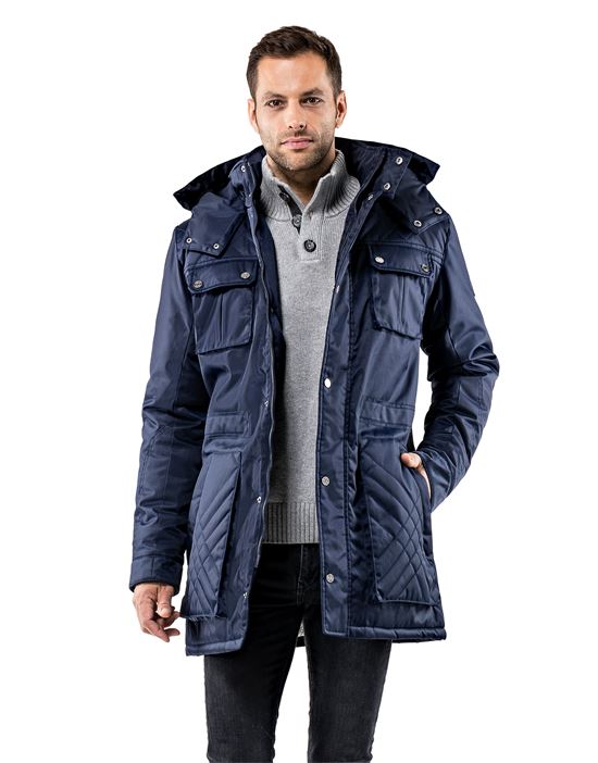 Winter coat, tone in tone quilted, with stand- up collar, detachable hood and drawstring at waist