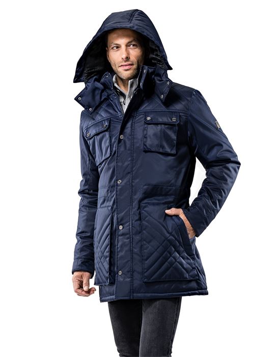 Winter coat, tone in tone quilted, with stand- up collar, detachable hood and drawstring at waist