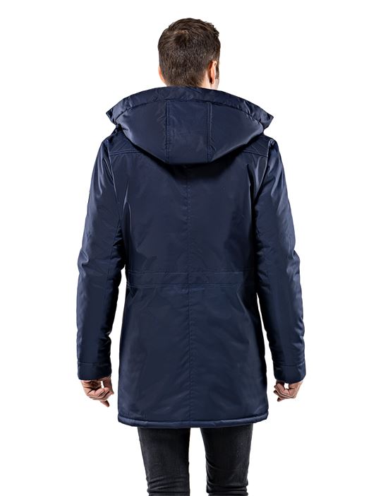 Winter coat, tone in tone quilted, with stand- up collar, detachable hood and drawstring at waist