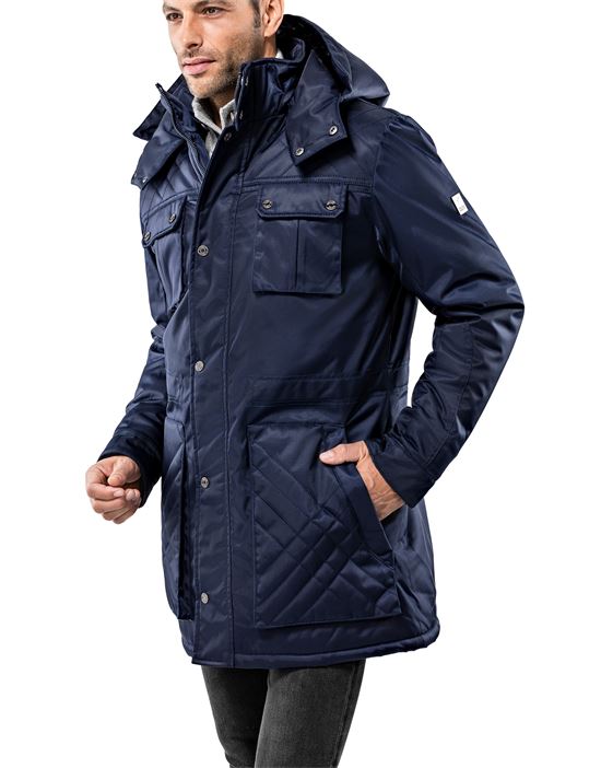 Winter coat, tone in tone quilted, with stand- up collar, detachable hood and drawstring at waist