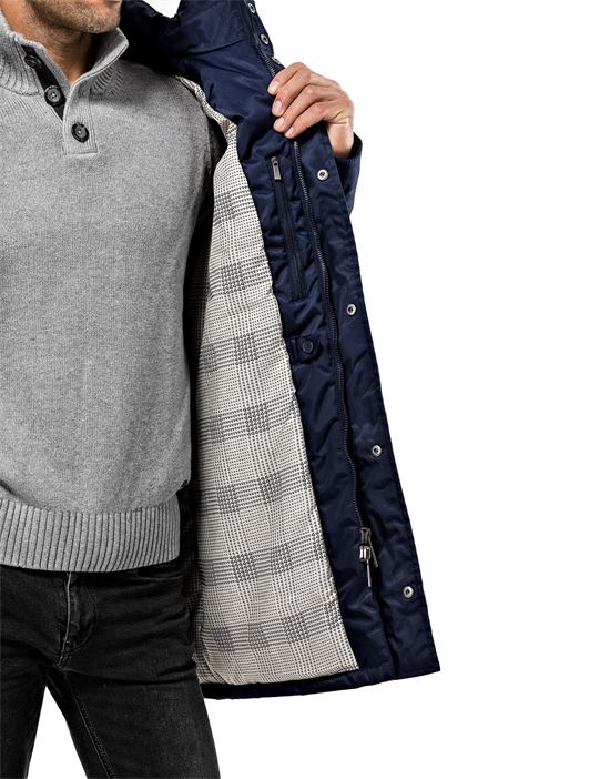 Winter coat, tone in tone quilted, with stand- up collar, detachable hood and drawstring at waist