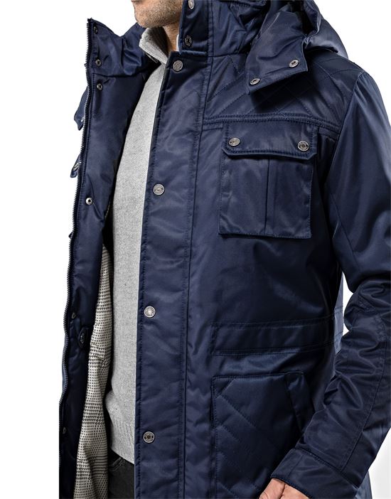 Winter coat, tone in tone quilted, with stand- up collar, detachable hood and drawstring at waist